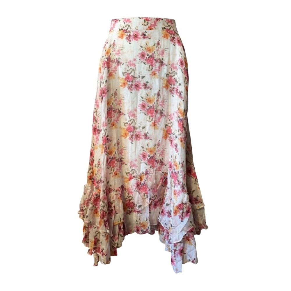Sundance Floral Maxi Skirt L White Pink Ruffle Asymmetrical Boho Cottagecore